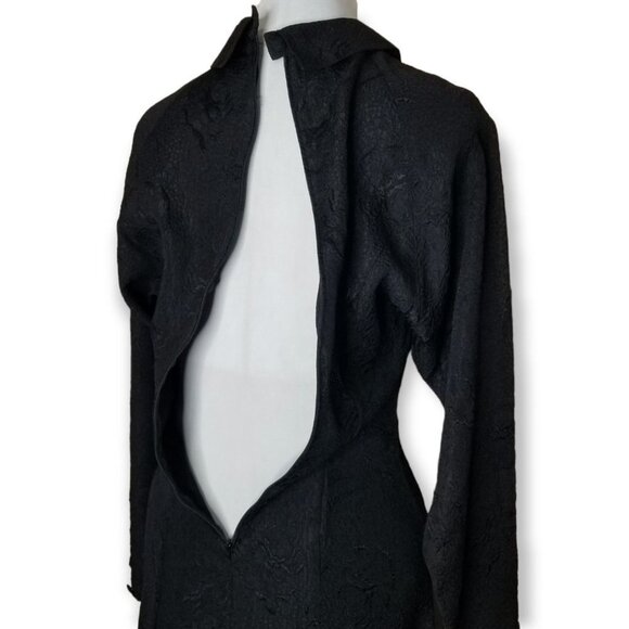 Vintage 80s Ann Taylor Black Textured Long Sleeve Midi Dress With Pointed Collar - Picture 9 of 13